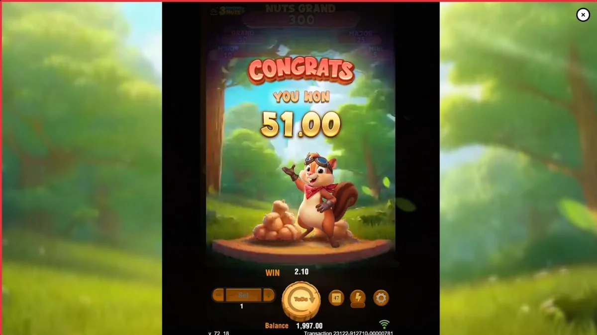Interface colorida e vibrante do slot 3 Fortune Nuts com esquilos e nozes